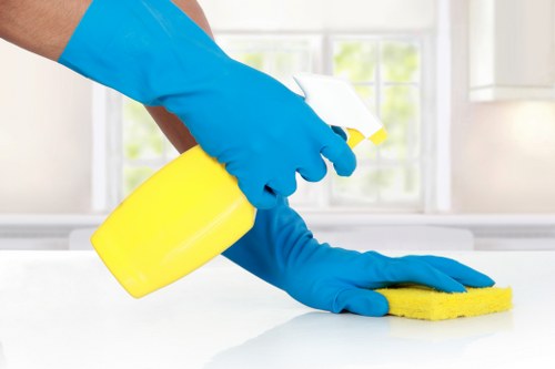 Technician performing oven cleaning in an Enfield home